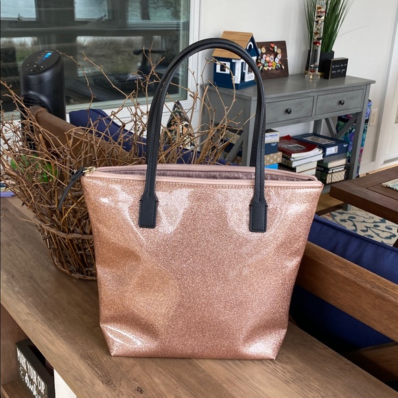 NWOT Kate Spade Rose Gold Glitter Tote with Black Handles - Picture 3 of 4